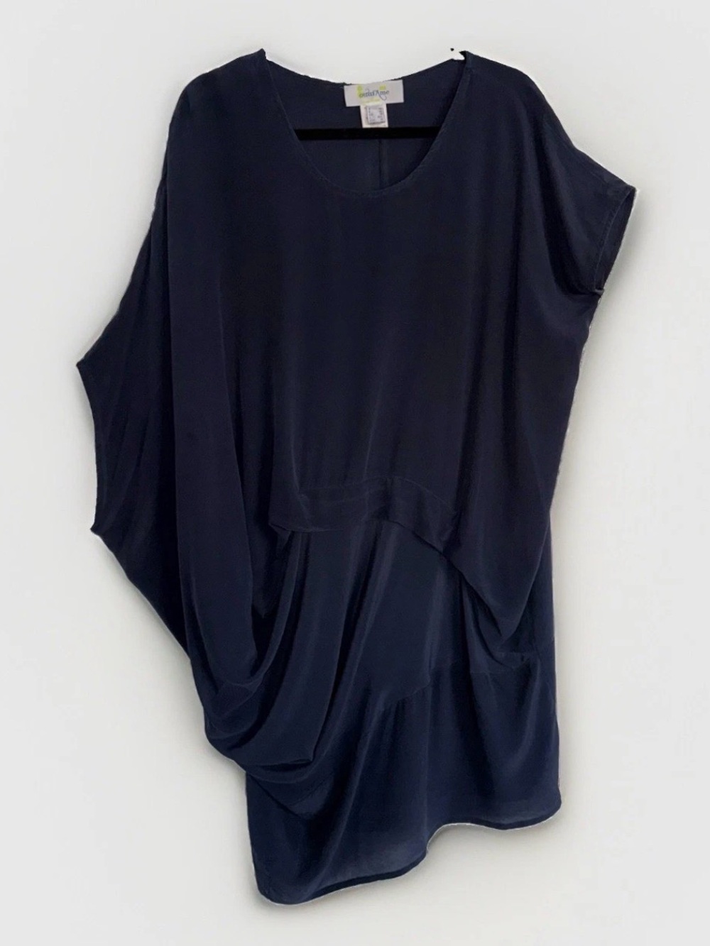Ottod’Ame 100% Silk Navy Blue Draped Ruched Asymmetrical Tunic Dress 10 L Italy